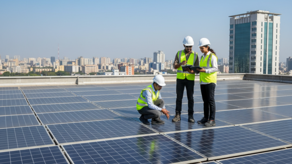 Indian professionals inspecting commercial rooftop solar array