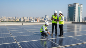 Indian professionals inspecting commercial rooftop solar array