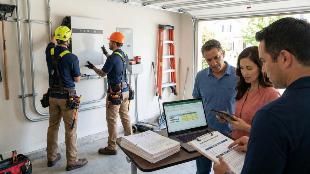 Homeowners reviewing permits and paperwork during professional energy storage installation