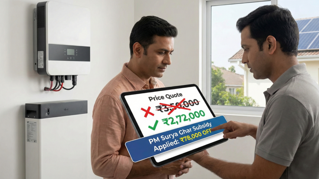 Tablet screen showing price reduction from Indian government solar subsidy application