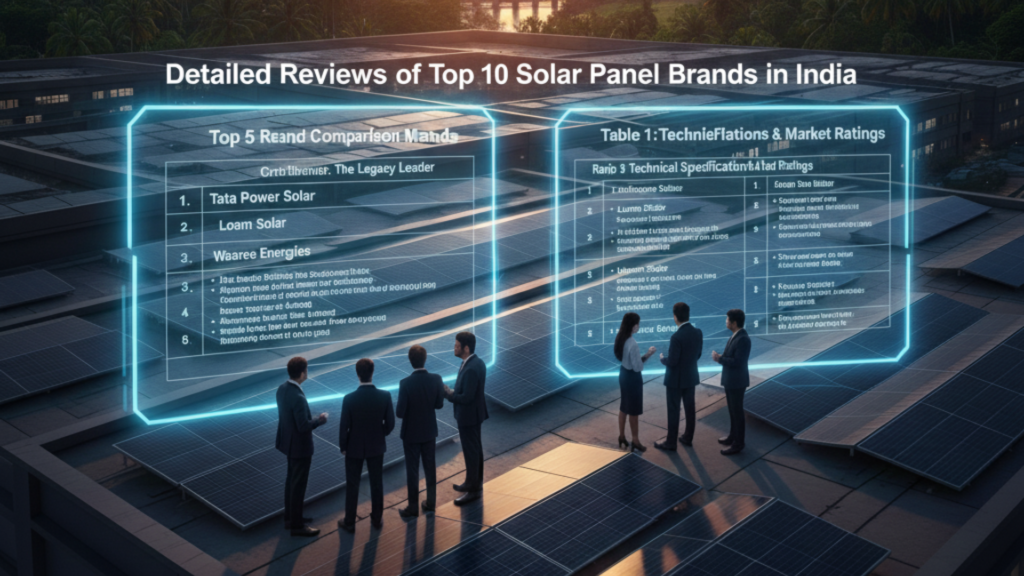A row of high-efficiency blue photovoltaic modules in a field