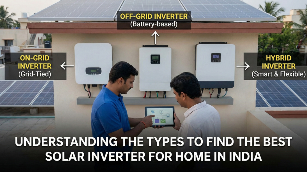 Diagram showing difference between On-grid, Off-grid and Hybrid inverters