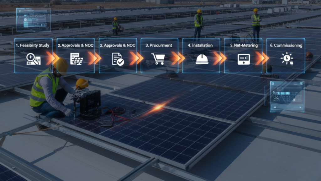 Step-by-step process of mounting solar panels on an industrial shed