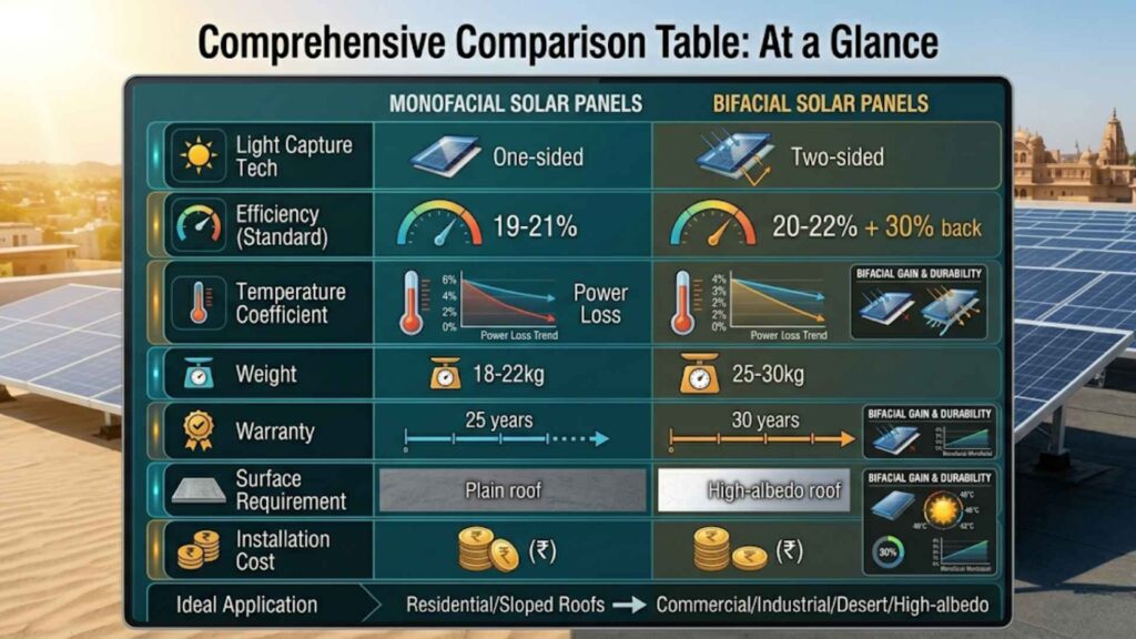 Quick Summary Table: Analyzing the Difference Between Monofacial and Bifacial Solar Panels