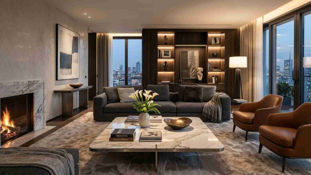 Modern Italian living room with charcoal sofa, marble coffee table, and warm fireplace