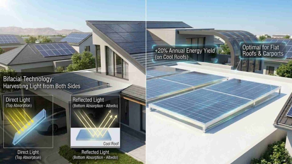 Bifacial solar panels capturing reflected light on a flat residential cool roof
