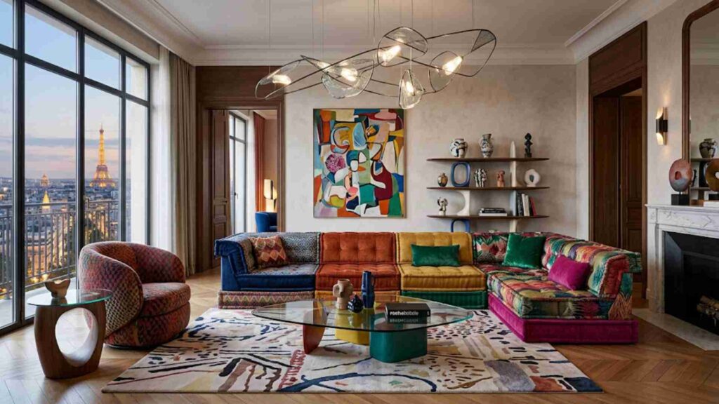 Artistic Parisian living space featuring a colorful modular sofa and avant-garde lighting