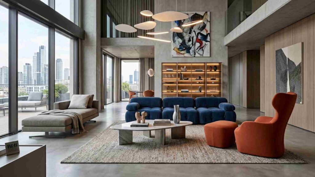 Contemporary architectural interior with blue velvet modular seating and industrial concrete walls