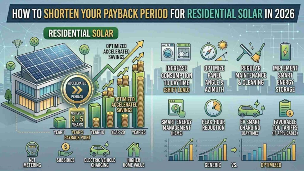 Illustrated guide for solar maintenance, panel cleaning, and energy consumption optimization