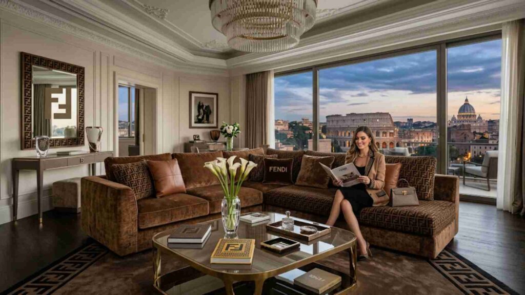High-fashion glamorous lounge with textured brown velvet sofa and view of the Roman Colosseum