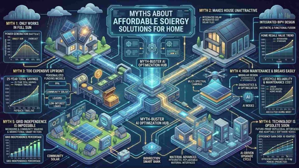 Educational graphic debunking common misconceptions about solar power performance and maintenance