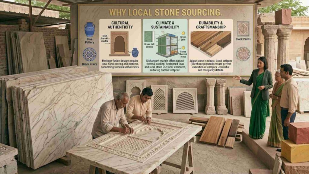 Artisans hand-carving traditional motifs on local Kishangarh marble and wood