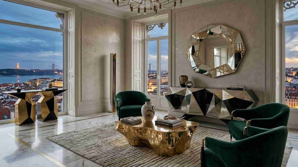 Handcrafted geometric sideboard and gold organic coffee table in a prestigious European salon