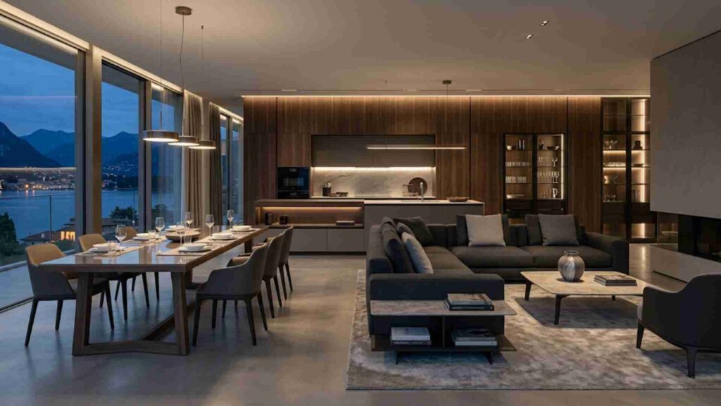 Sleek integrated kitchen and dining area with dark wood cabinetry and lakeside sunset view