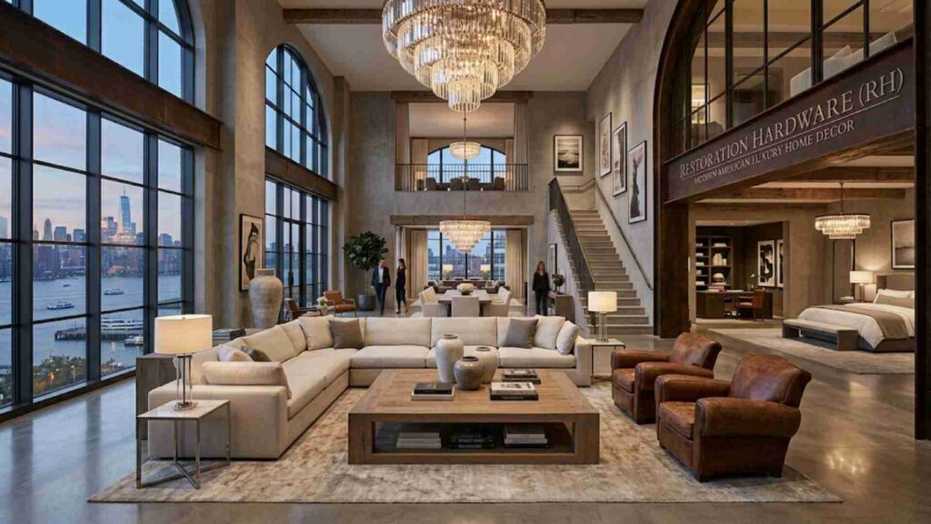 Grand American industrial loft with oversized linen sectional and tiered crystal chandelier