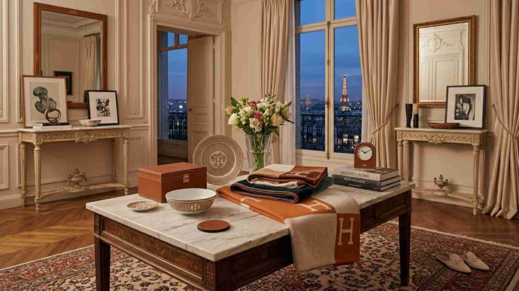 Refined home accessories including orange cashmere blankets and porcelain on a marble console