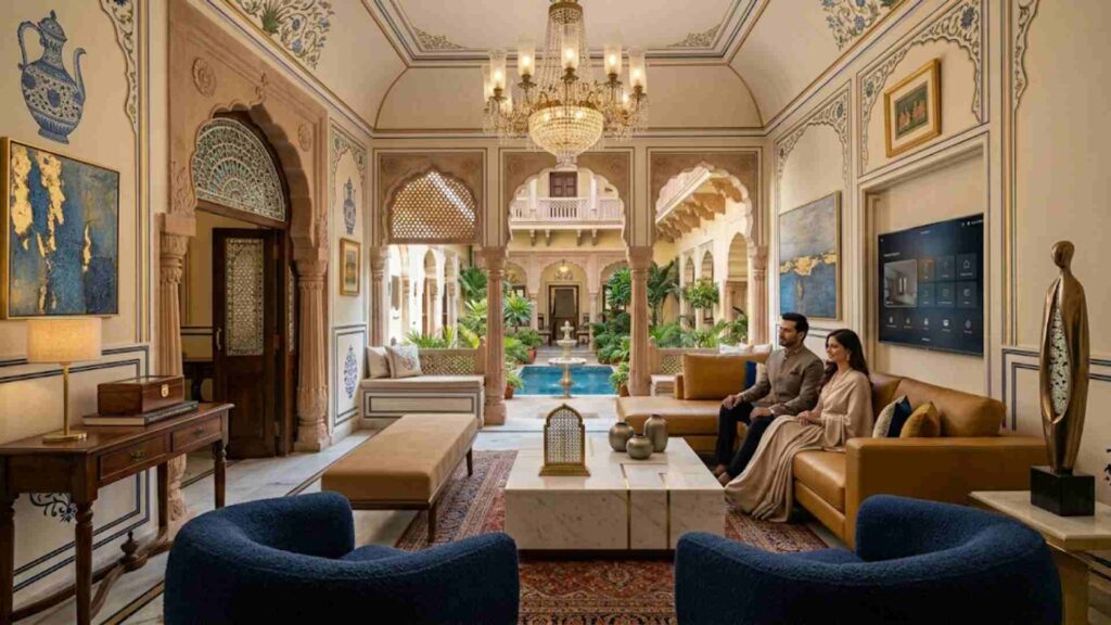 Open-plan villa interior featuring a premium marble floor and a large custom glass window