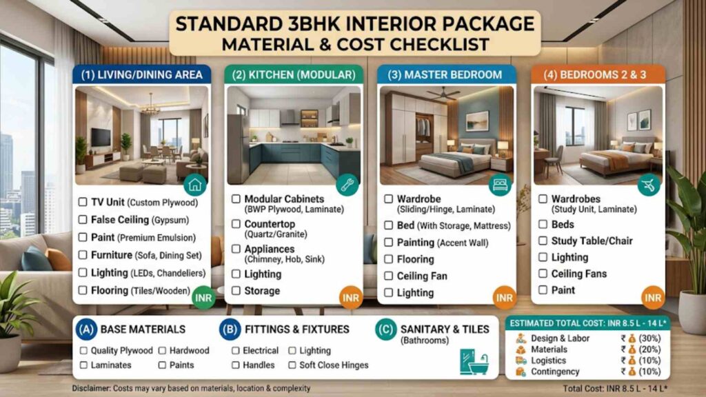Standard 3BHK Interior Package Material & Cost Checklist
